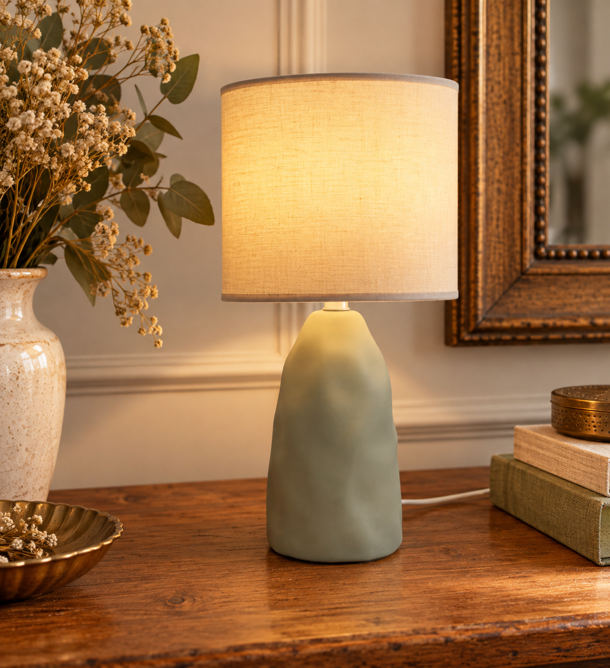 Lampe à poser vert sauge avec abat-jour écru – lampe de chevet style organique