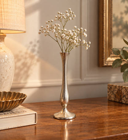 Soliflore vintage Damart en métal argenté – vase bougeoir design années 70