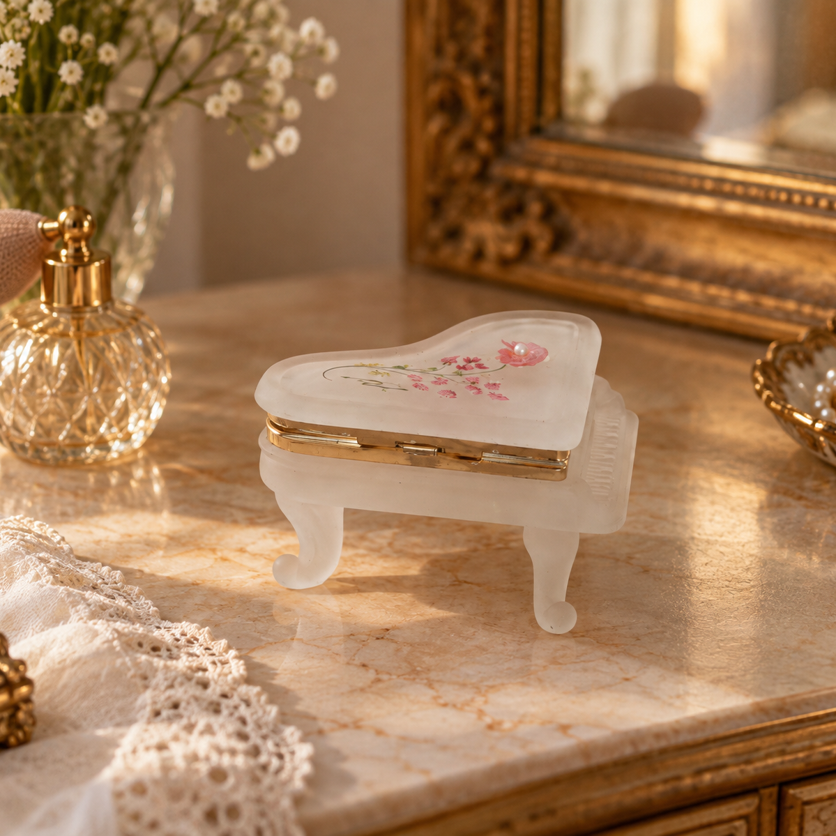 Boîte à bijoux vintage en forme de piano – verre dépoli peint main Creazioni Susy Italie