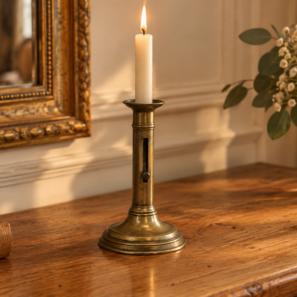 Bougeoir ancien en laiton à poussoir – chandelier vintage patiné H20 cm