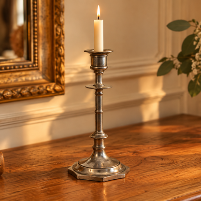 Bougeoir ancien en métal argenté – chandelier haut vintage H25 cm