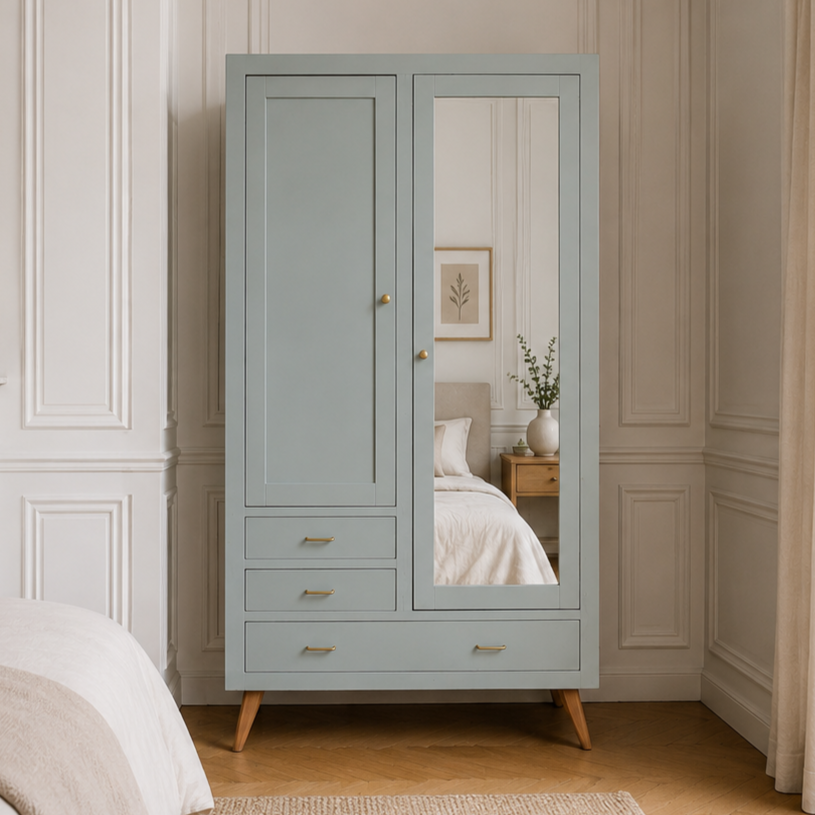 Armoire vintage asymétrique vert sauge – Miroir, penderie et tiroirs – Années 50/60 - VENDU