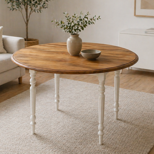 Table ronde rabattable vintage – piètement blanc cassé & plateau bois vernis - VENDU