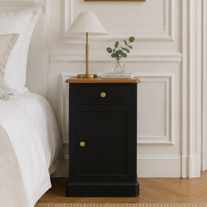 Chevet ancien rénové noir & bois – poignées dorées