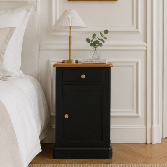 Chevet ancien rénové noir & bois – poignées dorées