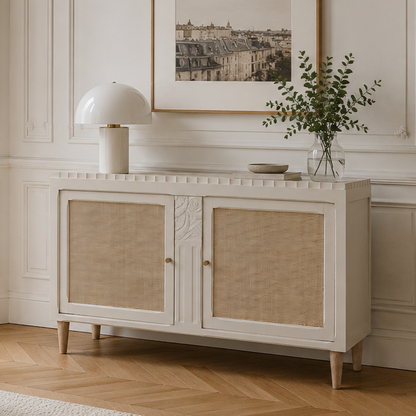 Buffet / enfilade vintage rénové blanc cassé & cannage – esprit chic intemporel