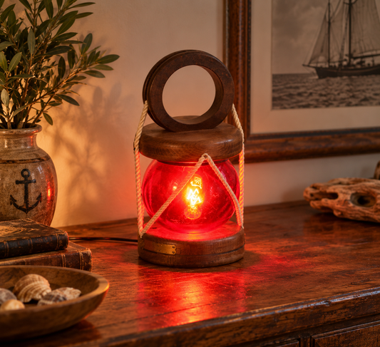Lampe lanterne marine vintage en bois, verre rouge et cordage – H29 cm