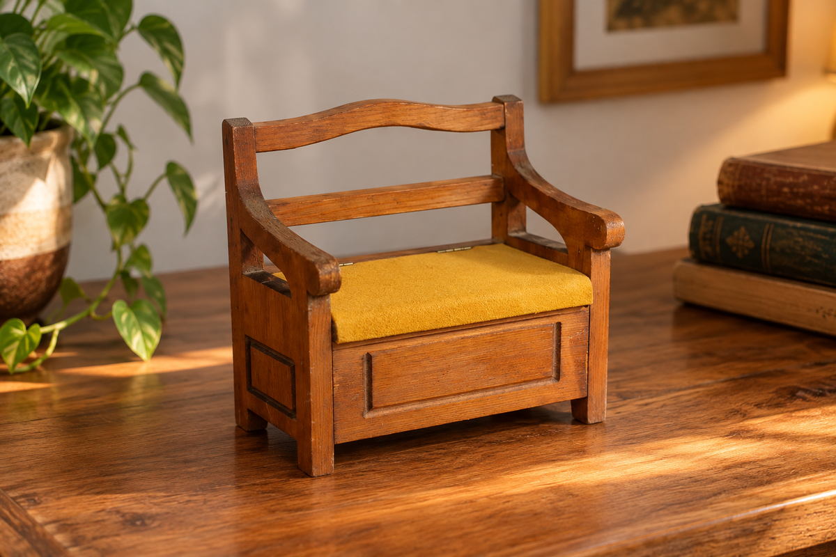 Petit banc-coffre miniature vintage en bois – assise ouvrante jaune moutarde