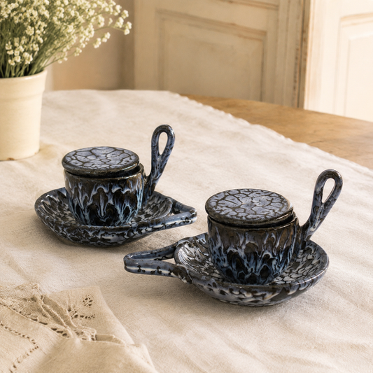 Paire de tasses trembleuses couvertes en céramique vintage