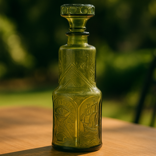 Carafe vintage en verre ambré Empoli à motif ancre – Italie, années 1960 – Décor nautique