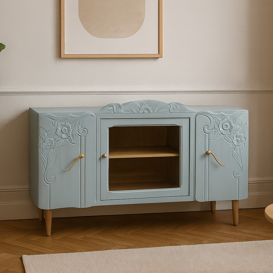 Buffet bas vintage rénové – Bleu-gris, moulures florales & pieds coniques – VENDU