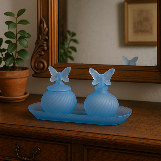 Ensemble de flacons vintage en verre dépoli bleu – Papillons – Avec plateau assorti