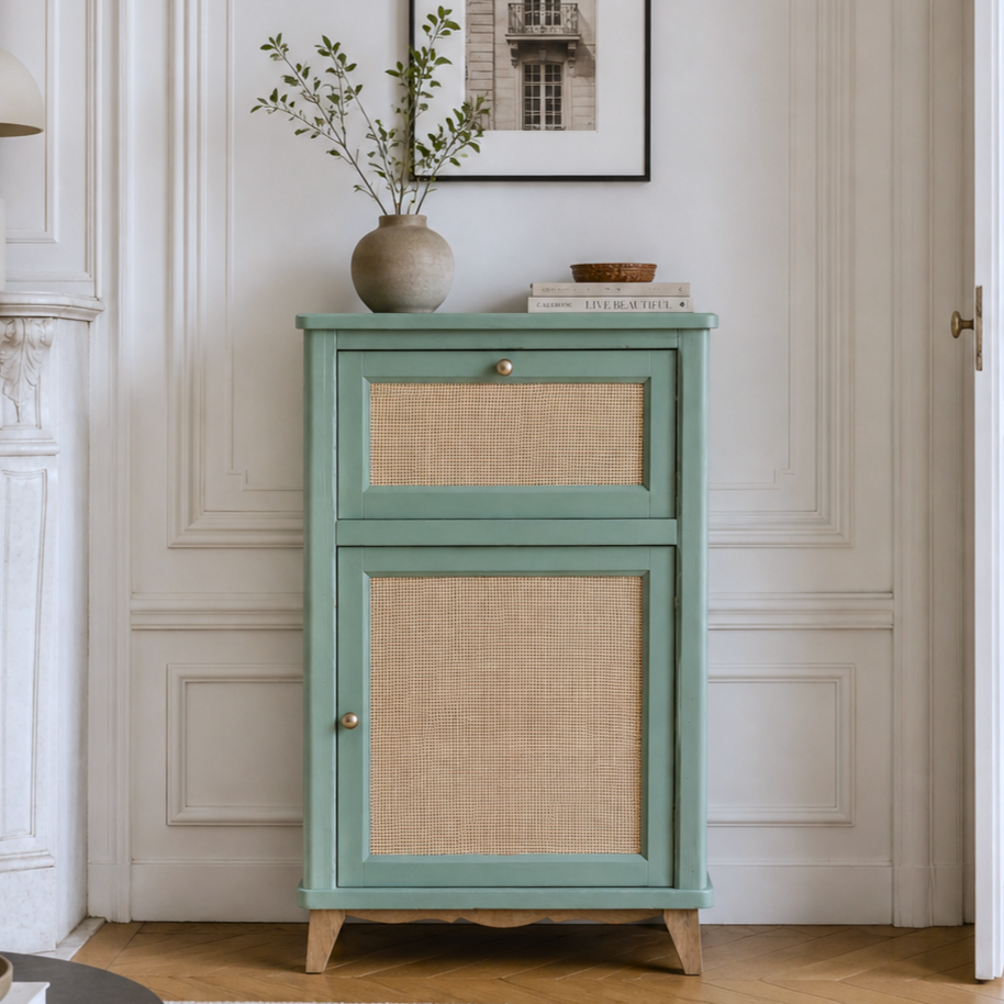 Confiturier ancien rénové vert sauge & cannage – esprit campagne chic - VENDU