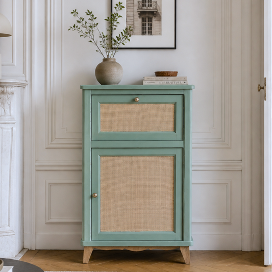 Confiturier ancien rénové vert sauge & cannage – esprit campagne chic - VENDU