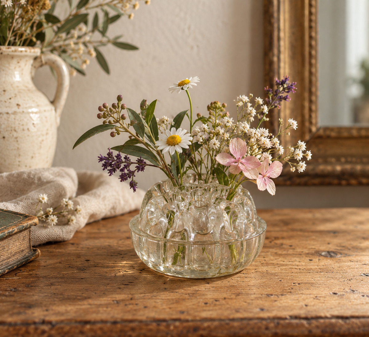 Ancien pique-fleurs en verre moulé transparent – Porte-fleurs vintage – Ø 10 cm