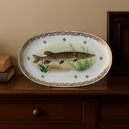 Grand plat en porcelaine française L.C – Brochet peint & frise dorée