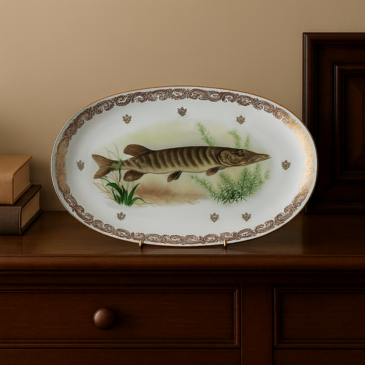 Grand plat en porcelaine française L.C – Brochet peint & frise dorée
