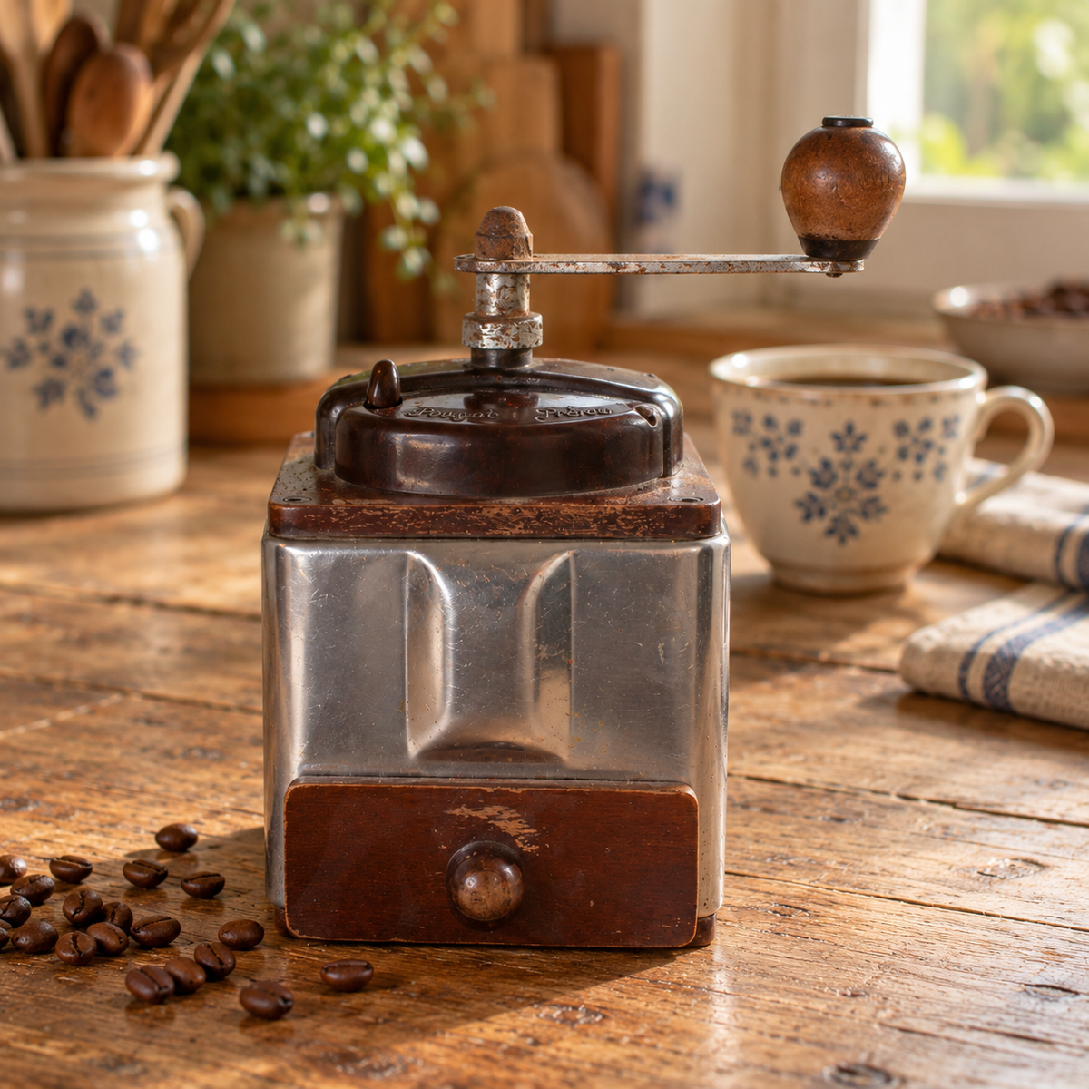 Moulin à café vintage Peugeot Frères Peuginox – Inox, bois et bakélite – Années 50/60