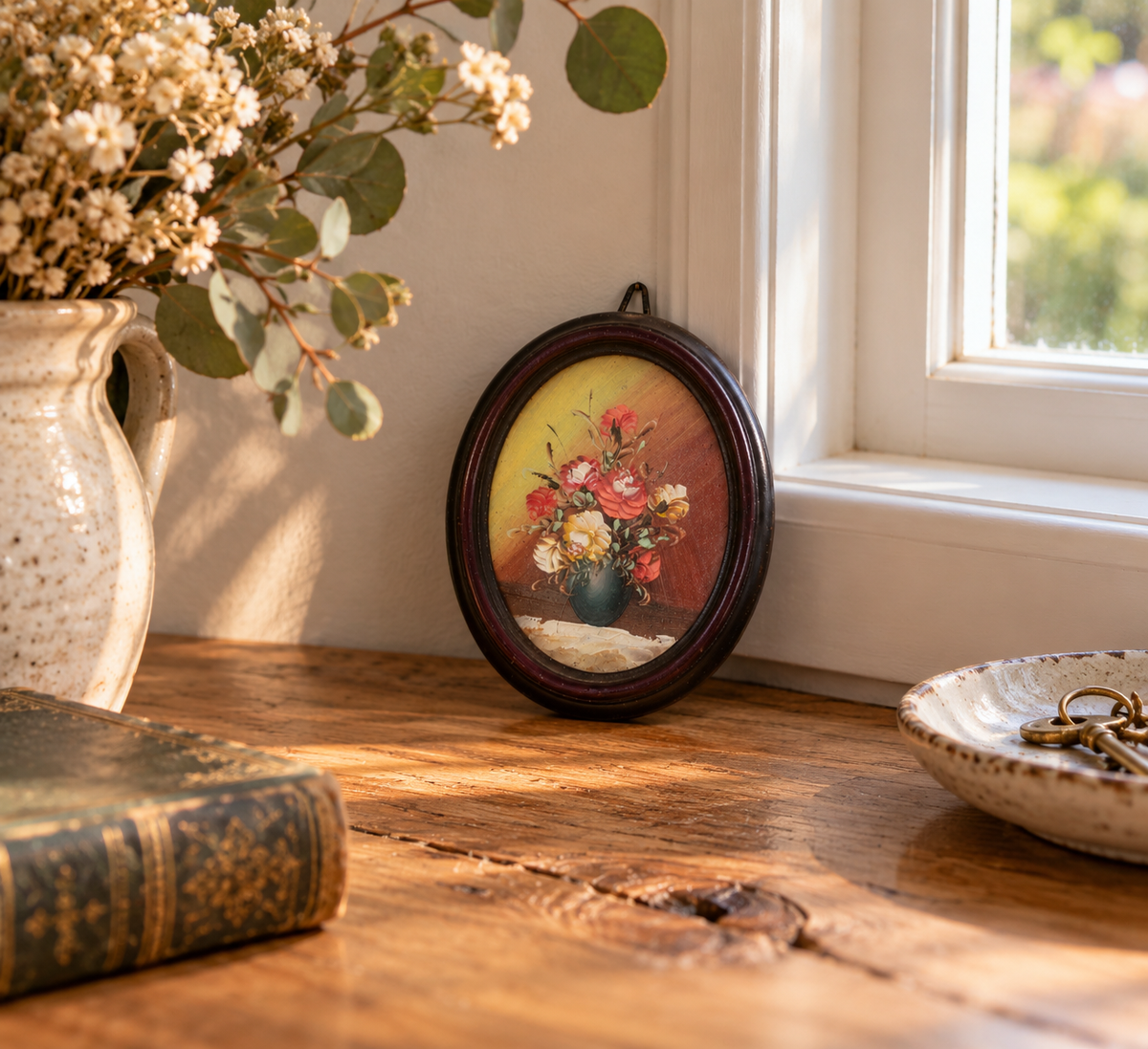 Petit tableau ovale vintage – Bouquet de fleurs peint en relief – Cadre bordeaux rétro