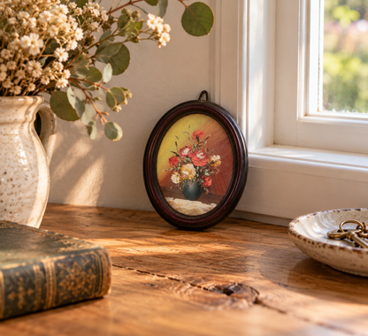 Petit tableau ovale vintage – Bouquet de fleurs peint en relief – Cadre bordeaux rétro