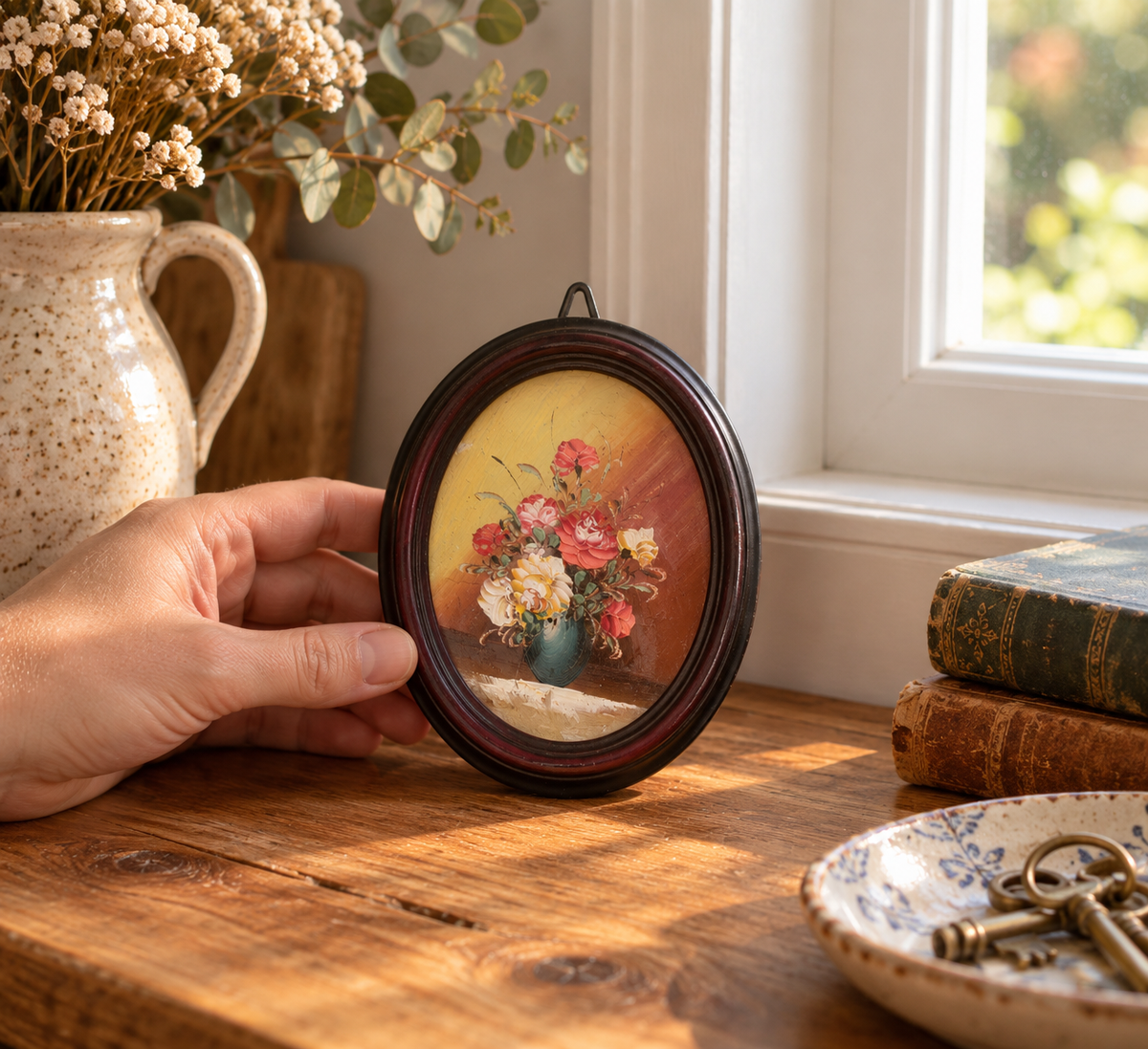 Petit tableau ovale vintage – Bouquet de fleurs peint en relief – Cadre bordeaux rétro