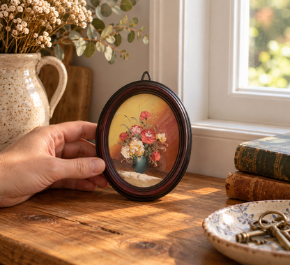 Petit tableau ovale vintage – Bouquet de fleurs peint en relief – Cadre bordeaux rétro