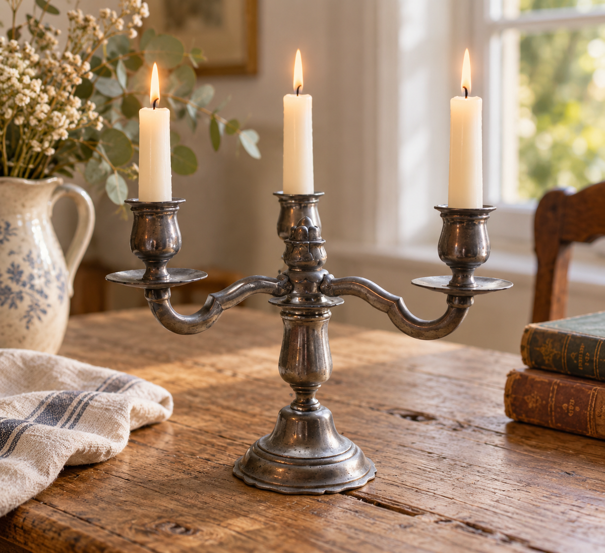 Chandelier vintage en étain à 3 feux – Candélabre ancien poinçonné – H 20 cm