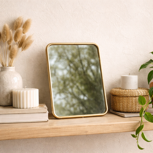 Petit miroir vintage à poser – cadre métal doré style barbier