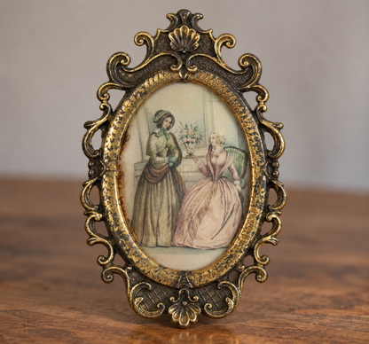 etit cadre miniature vintage en métal doré – Scène romantique – Style rococo