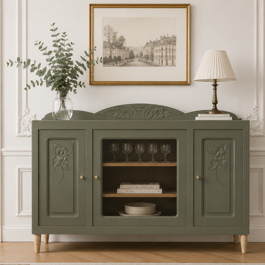 Buffet art déco vintage rénové kaki Barda – 141 cm