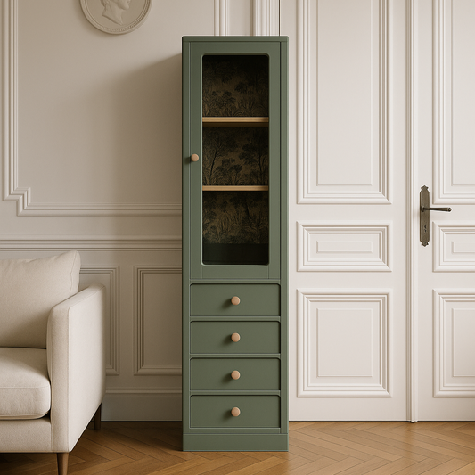 Vitrine haute rénovée – Vert Treillis Libéron, porte vitrée & 4 tiroirs – VENDU