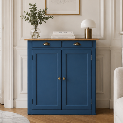 Buffet parisien vintage bleu profond & plateau bois naturel