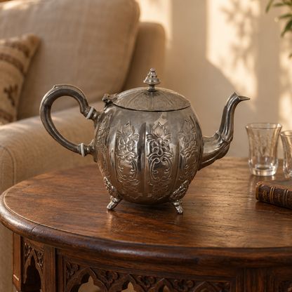 Théière de style marocain à décor floral en relief – métal argenté patiné