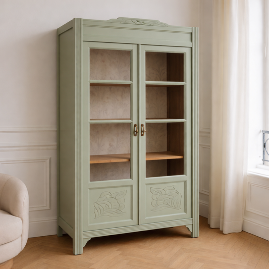Vitrine ancienne rénovée – Vert sauge 4MURS & portes vitrées sculptées – VENDU