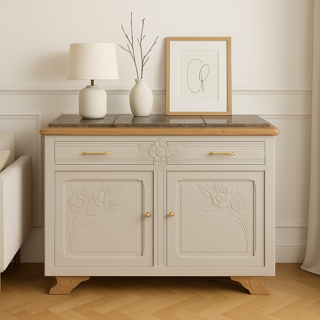 Buffet parisien Art Déco rénové – Crème Cordage IDeco & plateau marbre – VENDU
