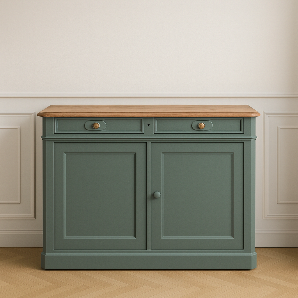 Buffet ancien rénové – Vert kaki & plateau bois naturel – VENDU