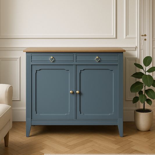 Buffet parisien ancien rénové – Bleu Fine de Clair Libéron & plateau bois – VENDU
