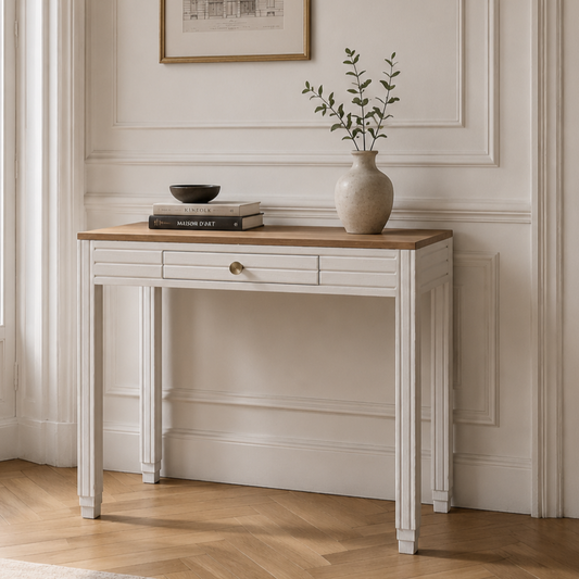 Petit bureau esprit Art Déco console Art Déco rénovée – blanc beige “Troublant” & plateau bois - VENDU