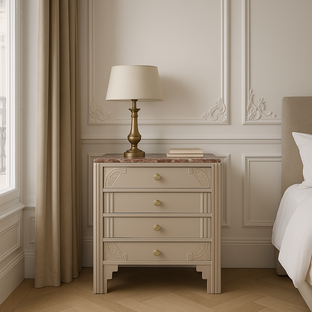 Commode ancienne rénovée – Beige Quai de Seine Libéron & plateau marbre rouge – VENDU