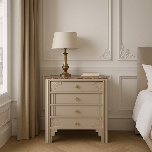 Commode ancienne rénovée – Beige Quai de Seine Libéron & plateau marbre rouge – VENDU