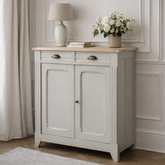 Buffet parisien rénové – Gris doux, plateau bois naturel & poignées coquille – VENDU