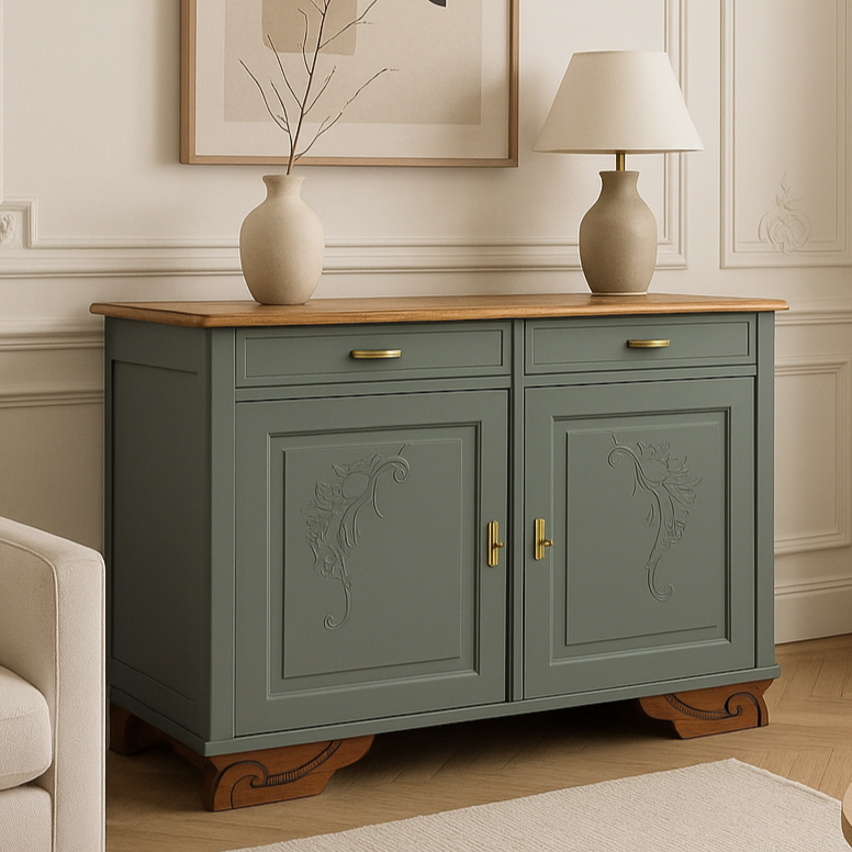 Buffet Art Déco rénové – Kaki 4MURS, plateau bois brut & intérieur papier peint – Projet sur mesure