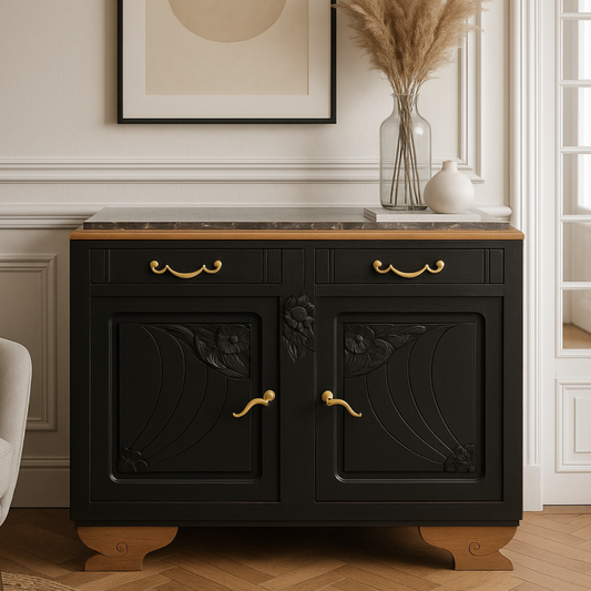 Buffet Art Déco rénové – Noir mat, plateau marbre gris & piétement bois clair – VENDU