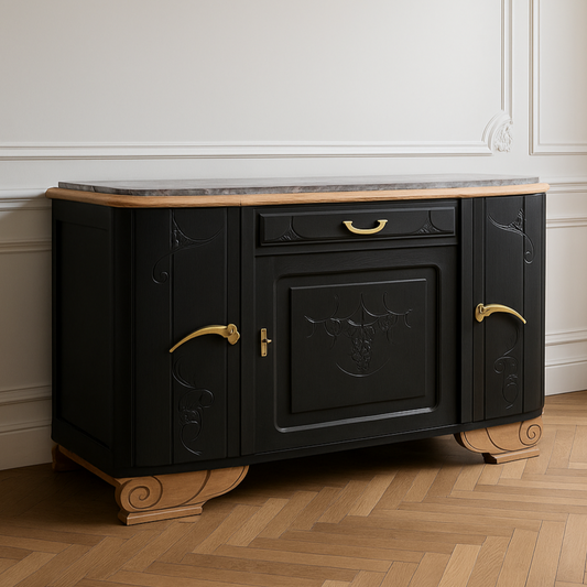 Buffet Art Déco rénové – Noir profond, marbre gris veiné & pieds chêne brut – VENDU