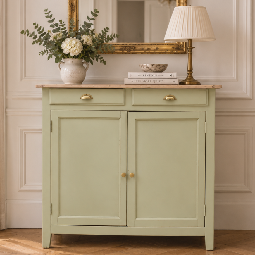 Buffet parisien ancien rénové – Vert Argile Envie & plateau bois – 99 cm