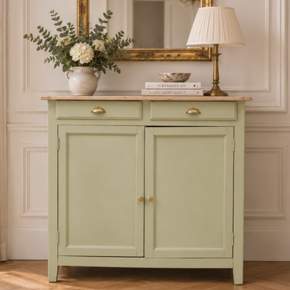 Buffet parisien ancien rénové – Vert Argile Envie & plateau bois – 99 cm