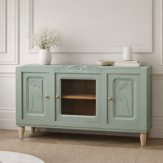 Buffet Art Déco rénové – Vert Demoiselle Libéron, sculptures florales & porte vitrée – VENDU