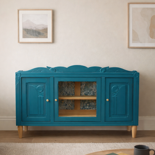 Buffet ancien rénové – Bleu pétrole V33, galerie sculptée & porte vitrée centrale – VENDU