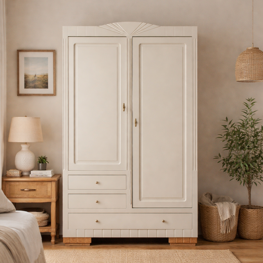 Armoire Art Déco restaurée – Camomille Libéron, fronton éventail & 3 tiroirs – VENDU