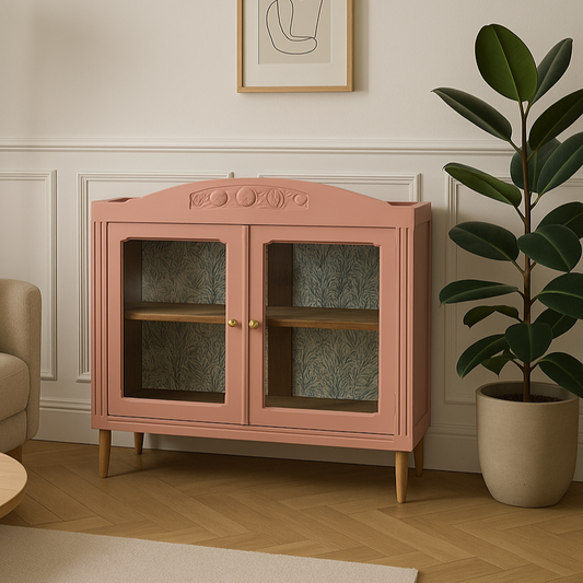 Buffet bas ancien rénové – Ocre Roussillon V33 & portes vitrées – VENDU